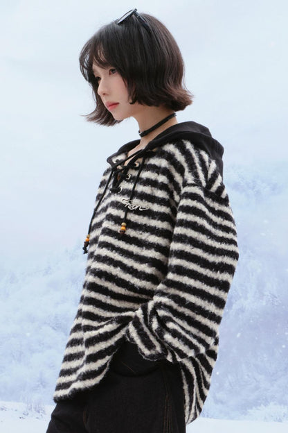 Striped plush hooded top