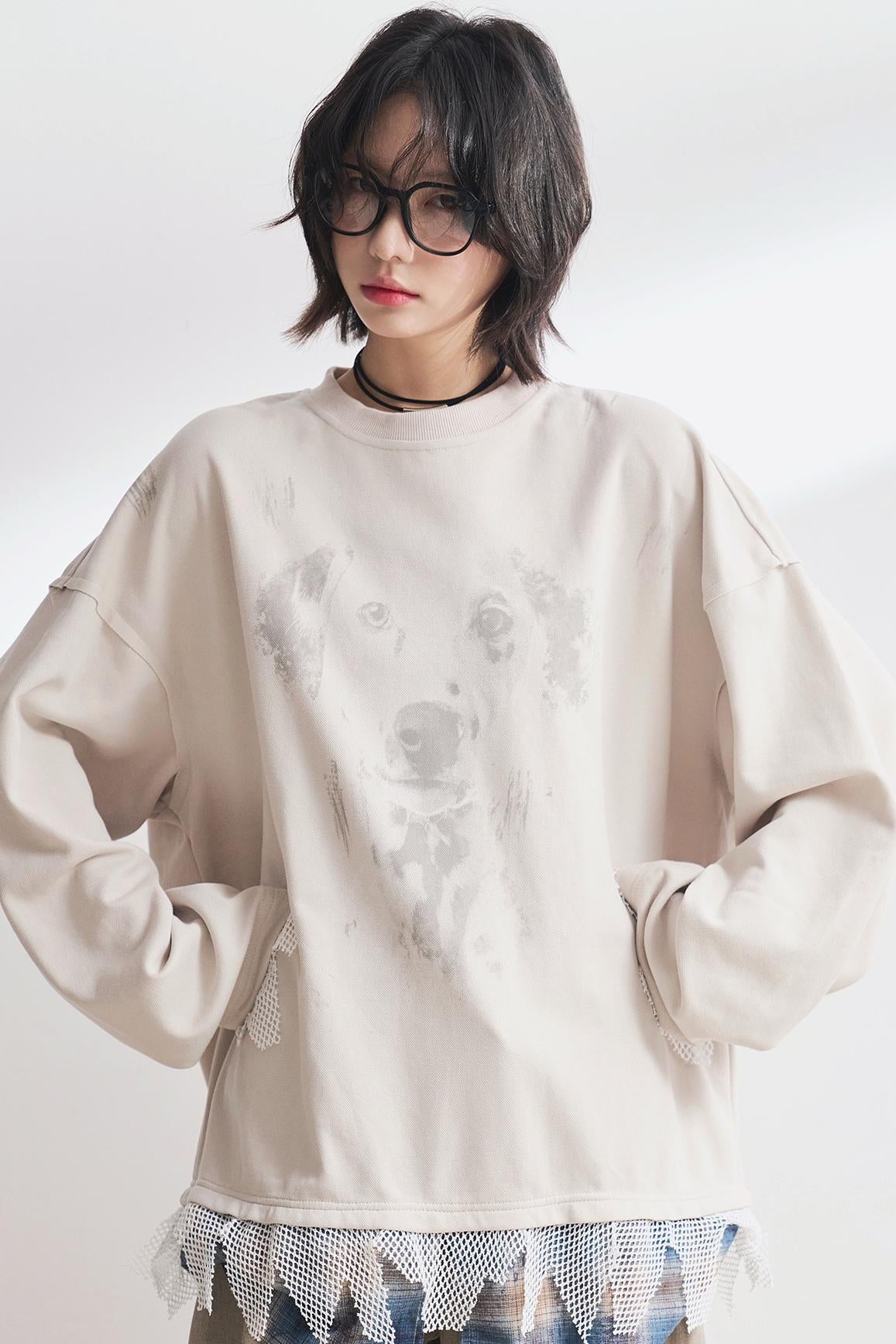 Dog Print Panel Long Sleeve T-Shirt