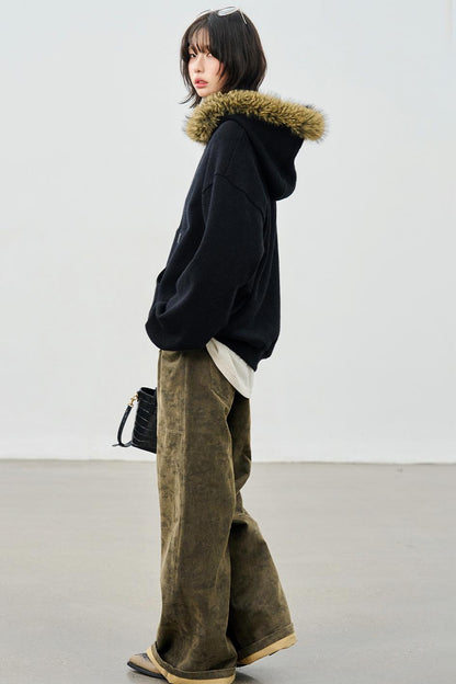 Knit Fur Collar Hooded Sweatshirt