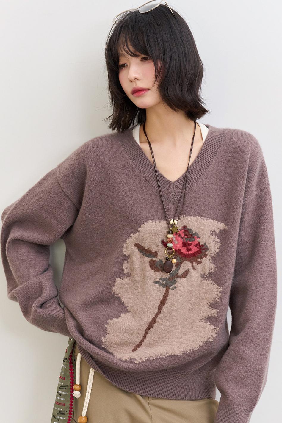 Rose Pattern Buoy Neck Sweater