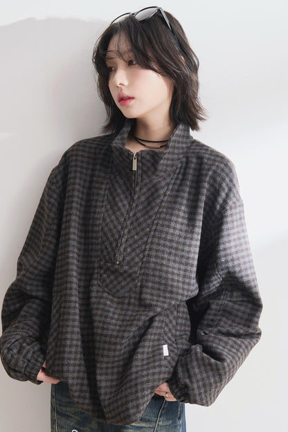 Half-zip stand collar check sweatshirt