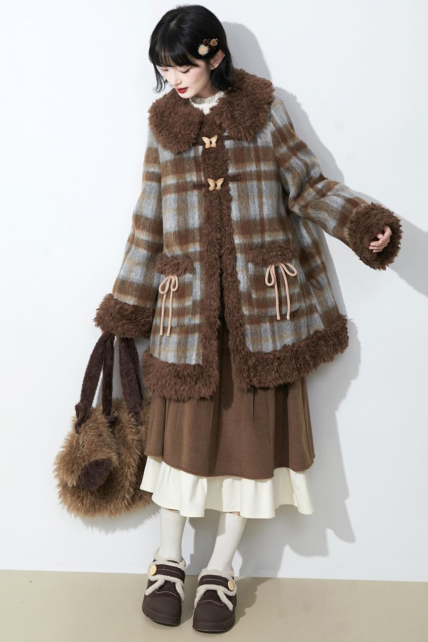 ブラウンチェックファーカラ―コート