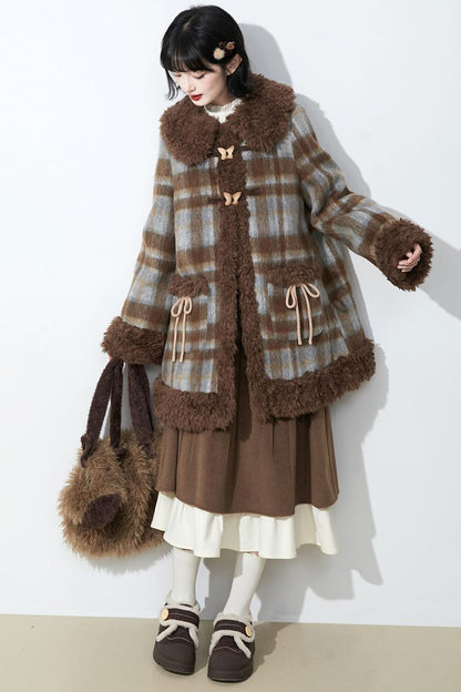ブラウンチェックファーカラ―コート