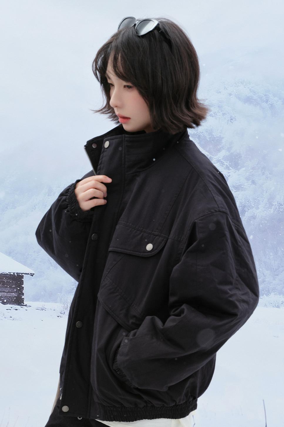 Solid cotton stand collar jacket