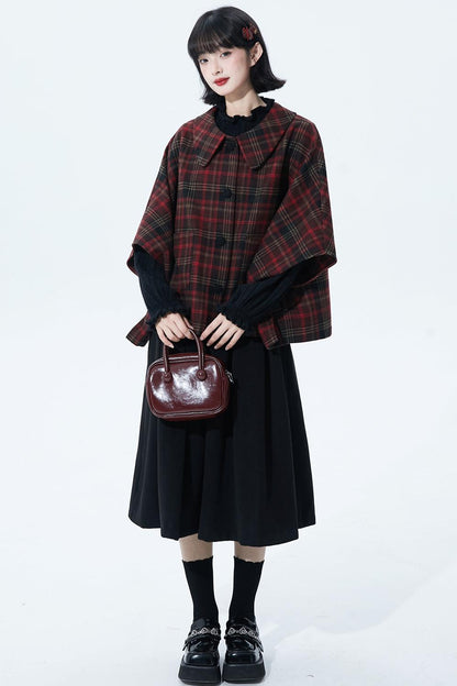 レッドブラウンチェックケープコート