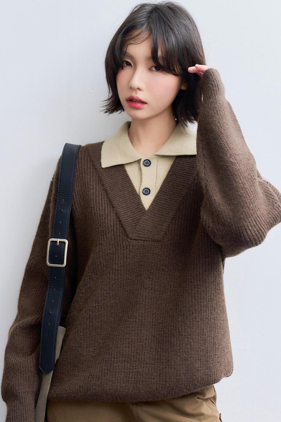 Knit Layered Lapel Collar Sweatshirt