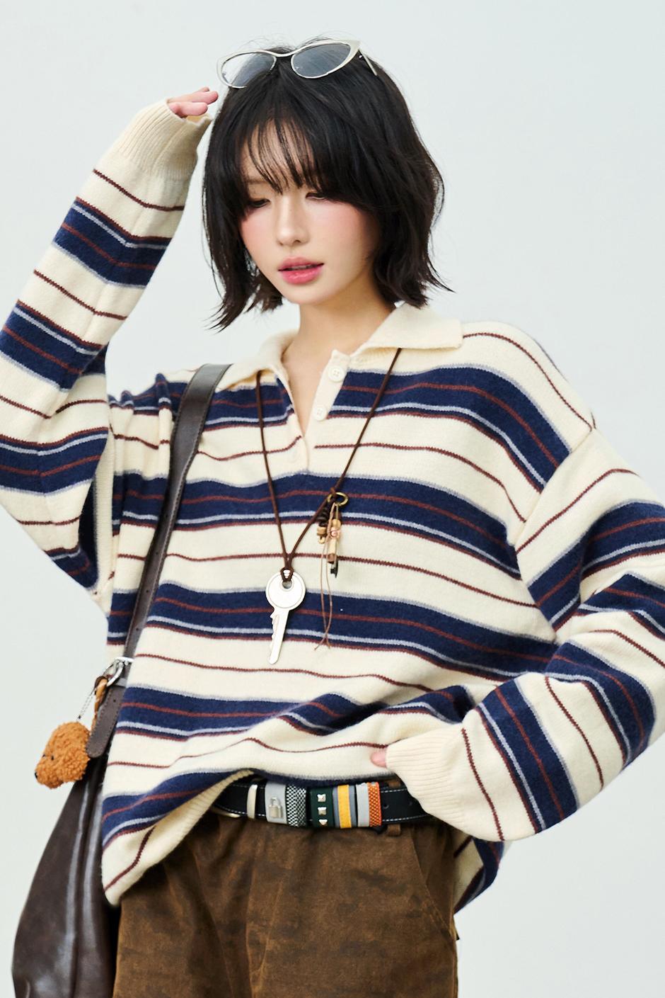 Striped Polo Collar Knit Sweater