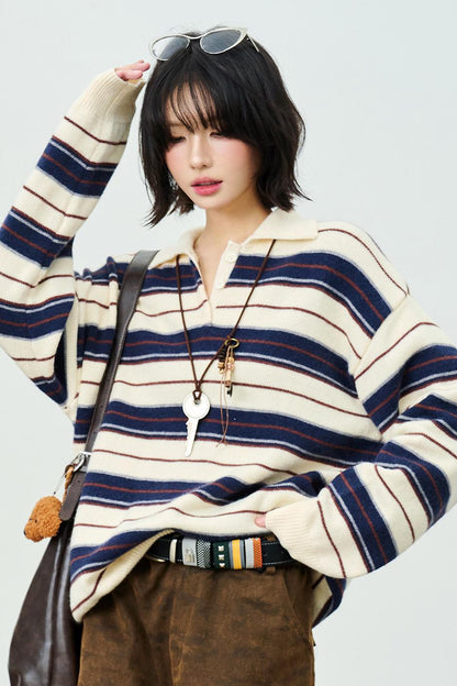 Striped Polo Collar Knit Sweater