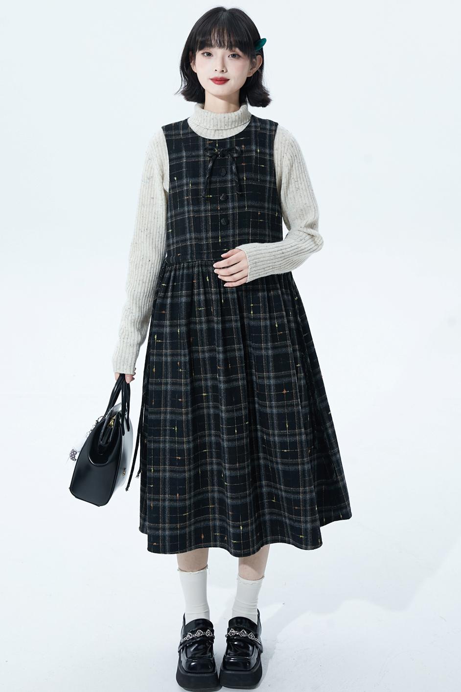 チェックパッチワークウールドレス
