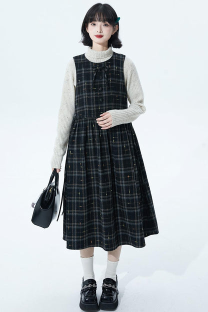 チェックパッチワークウールドレス