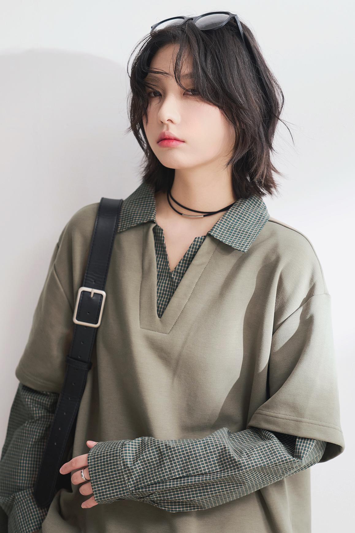Shirt Collar Faux Two-Piece Tops