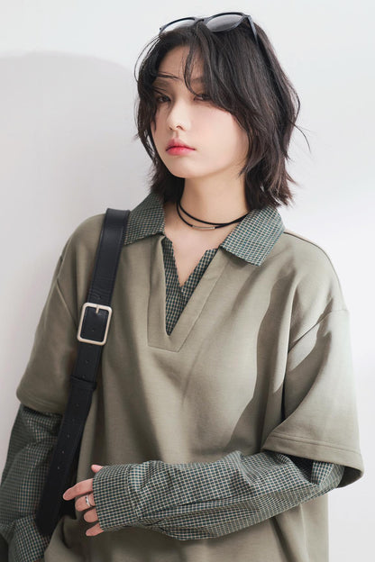 Shirt Collar Faux Two-Piece Tops