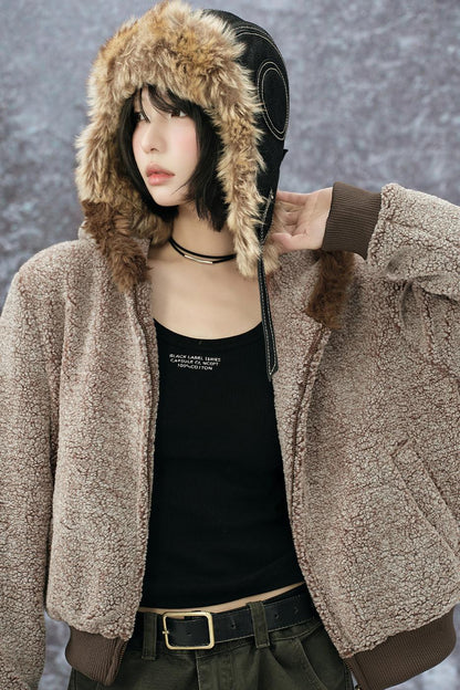 Wool Fur Collar Hooded Jacket