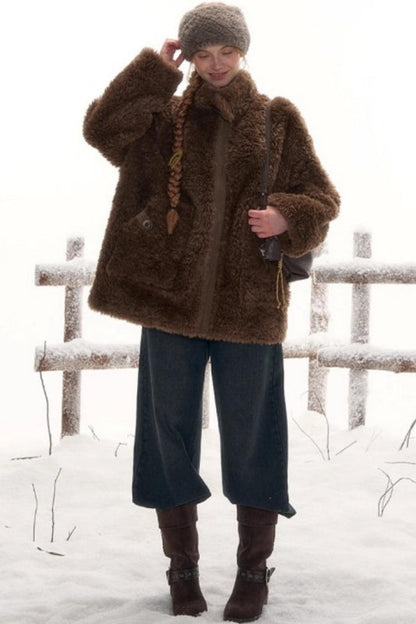 Reversible suede stand collar fur coat