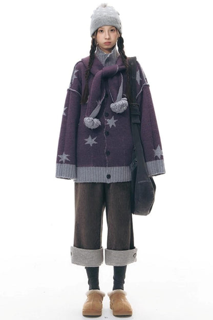 Reversible Star Cardigan + Fur Ball Hooded Scarf