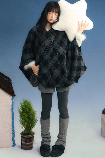 ファーカラーチェックケープコート