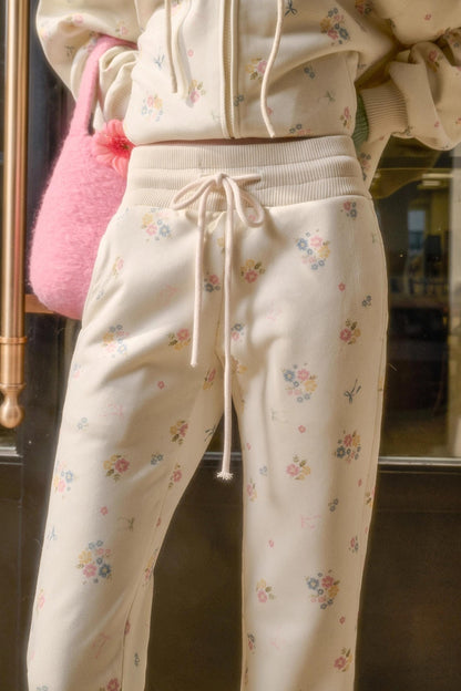 フローラルフラワーファーフードジャケット+ルーズコート+ロングパンツ