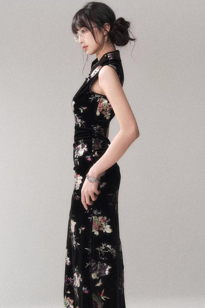 Gold Embellished Velvet Cheongsam Dress