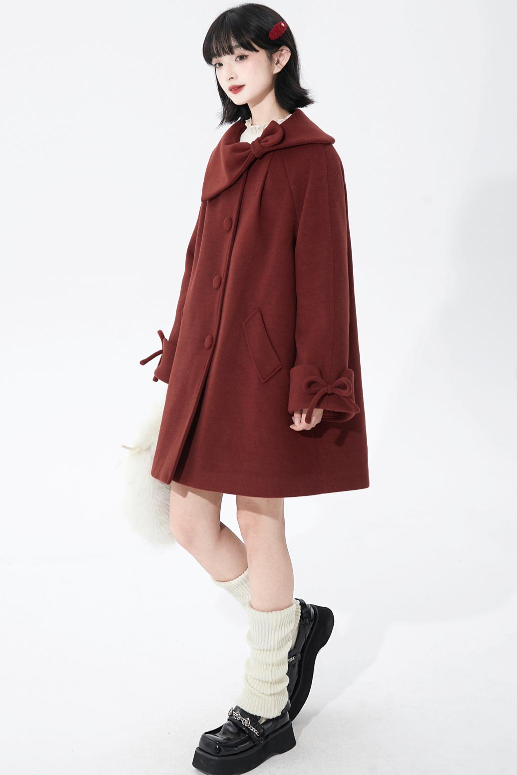 レッドアシンメトリーボウウールコート