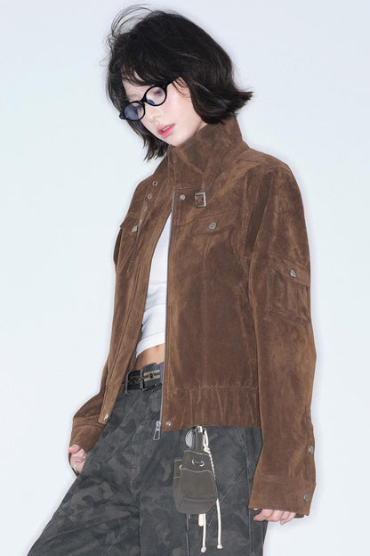 Retro Suede Stand-Up Collar Jacket