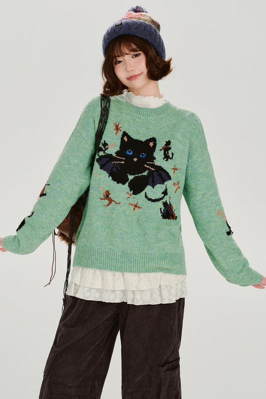 キャットジャガードレトロプルオーバートップス