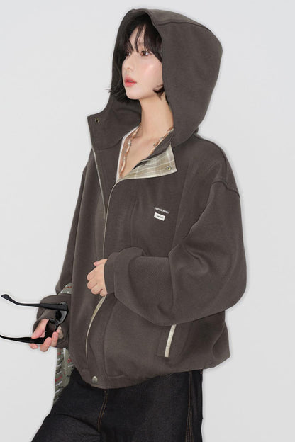 Plaid Patchwork Hooded Cardigan