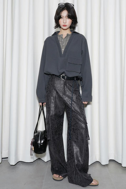 テクスチャードストライプレザーパンツ