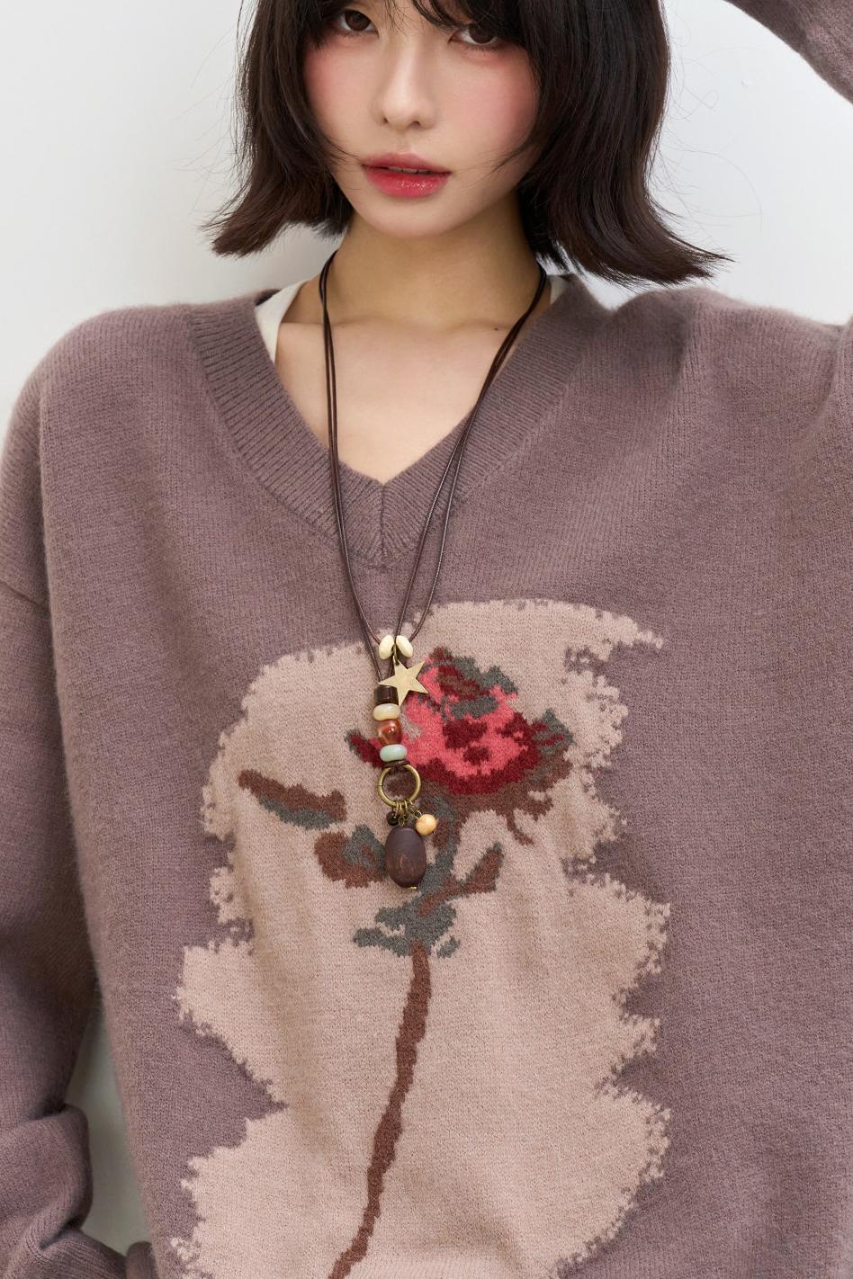 Rose Pattern Buoy Neck Sweater