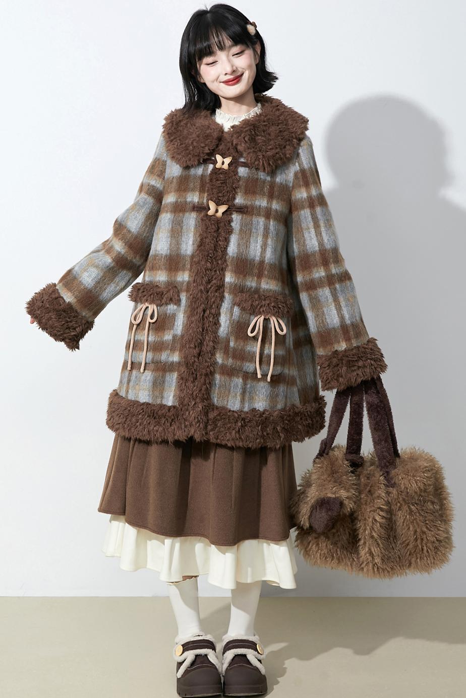 ブラウンチェックファーカラ―コート