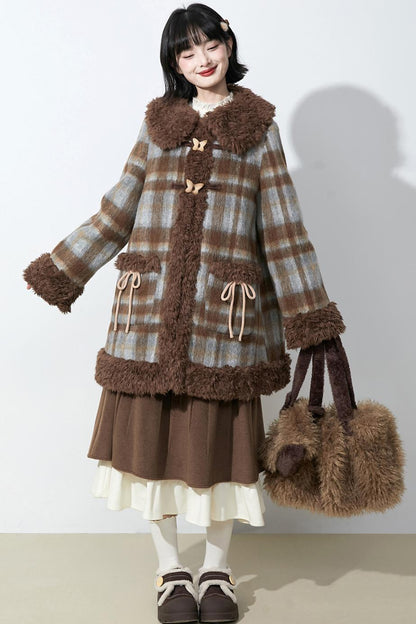 ブラウンチェックファーカラ―コート