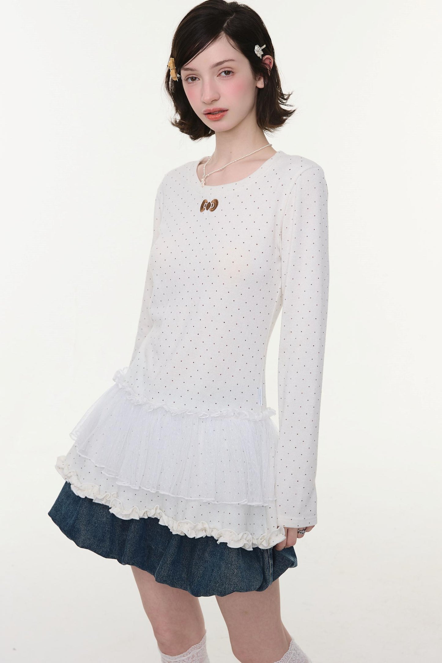 Lace Pleated Polka Dot Blouse