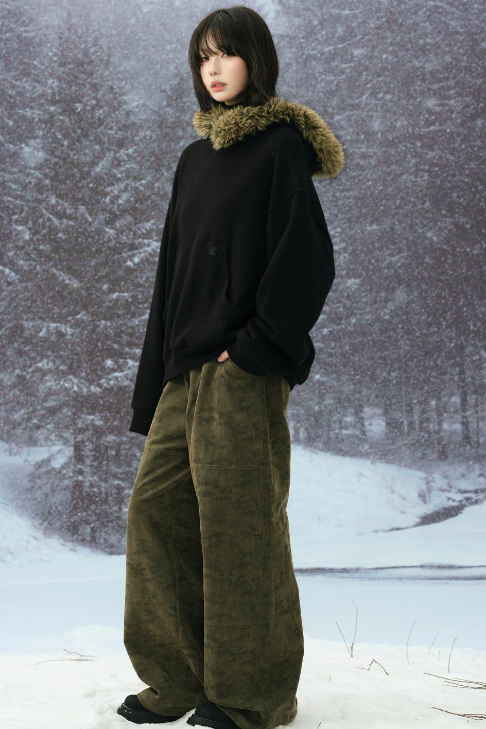 Knit Fur Collar Hooded Sweatshirt