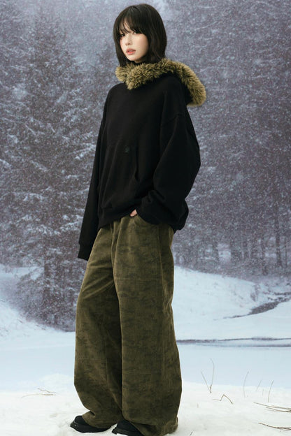 Knit Fur Collar Hooded Sweatshirt