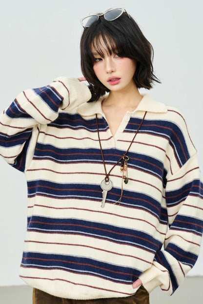 Striped Polo Collar Knit Sweater