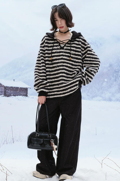 Striped plush hooded top