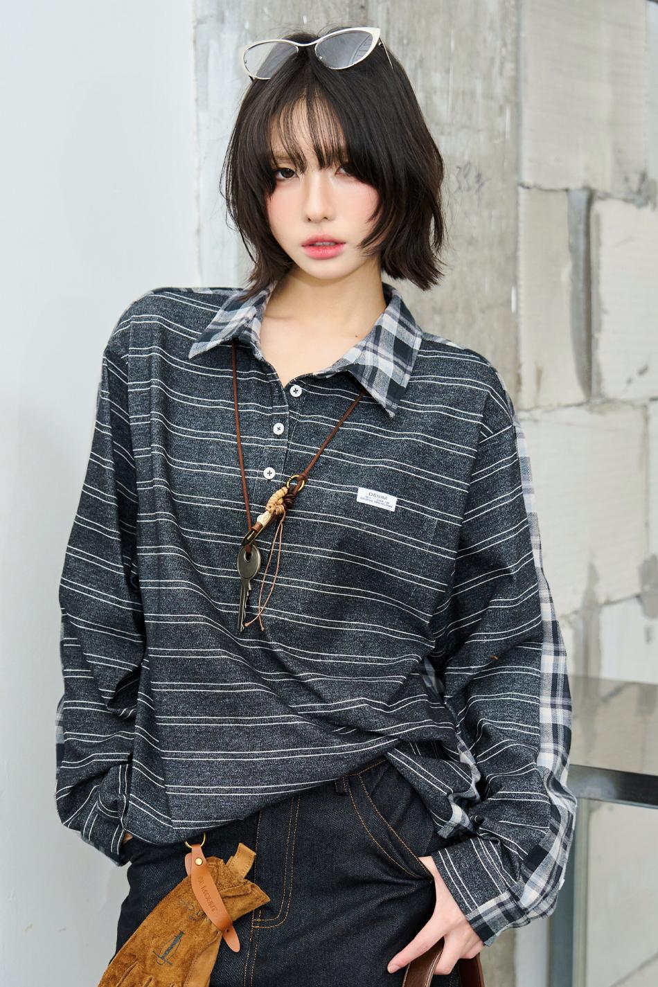 パッチワークストライプカラードシャツ