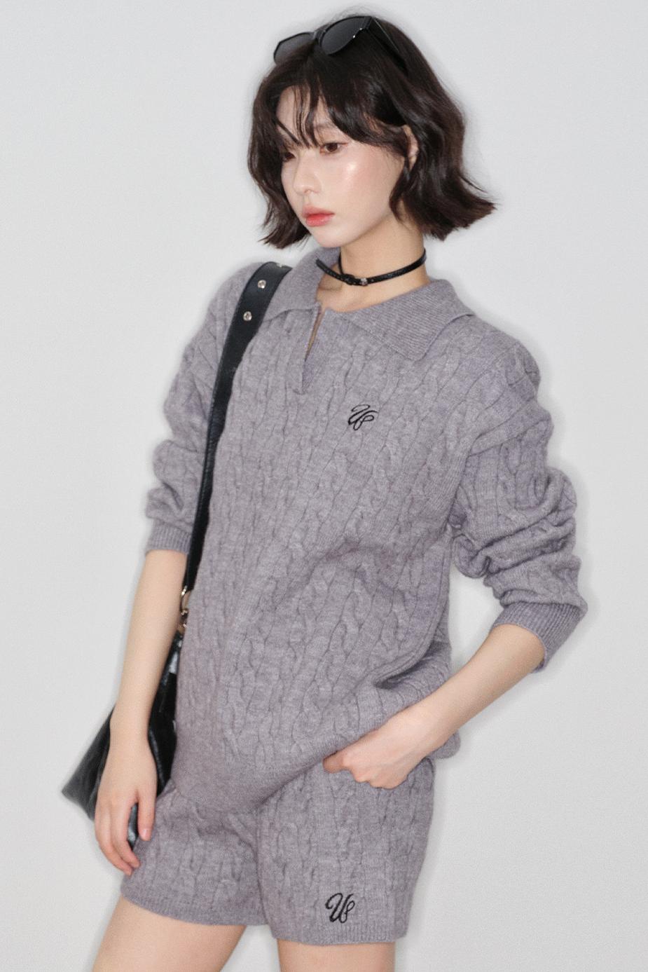 ケーブルニットポロセーター+パンツ