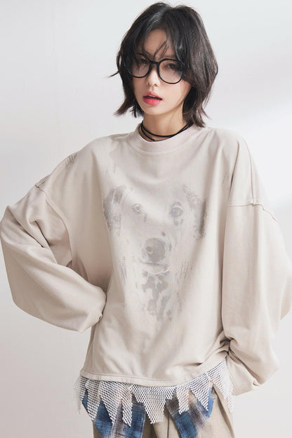 Dog Print Panel Long Sleeve T-Shirt