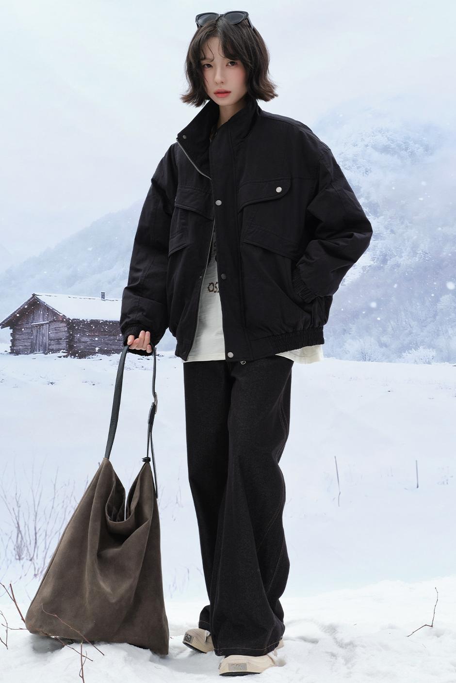 Solid cotton stand collar jacket