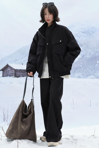 Solid cotton stand collar jacket