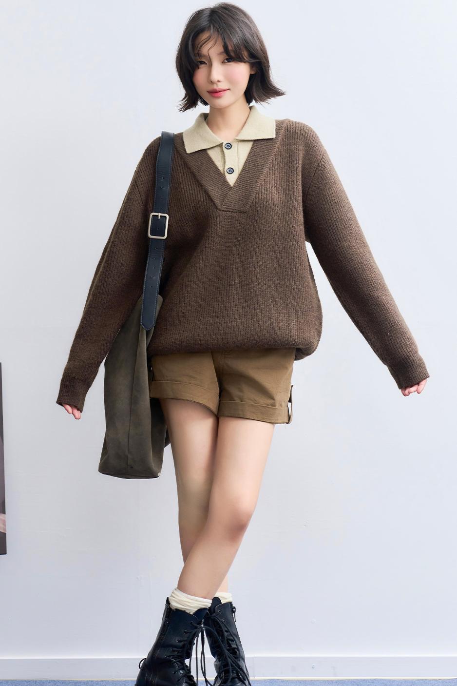 Knit Layered Lapel Collar Sweatshirt