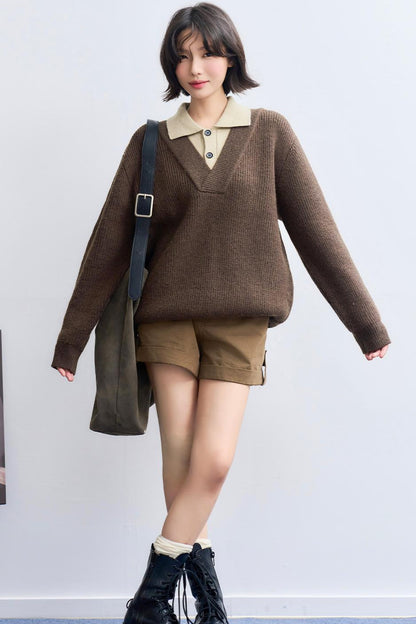 Knit Layered Lapel Collar Sweatshirt