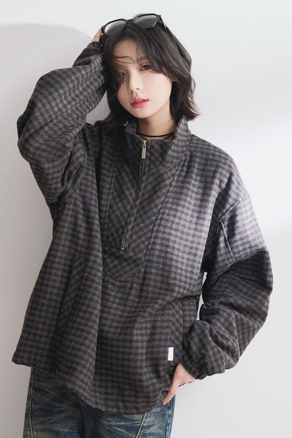 Half-zip stand collar check sweatshirt