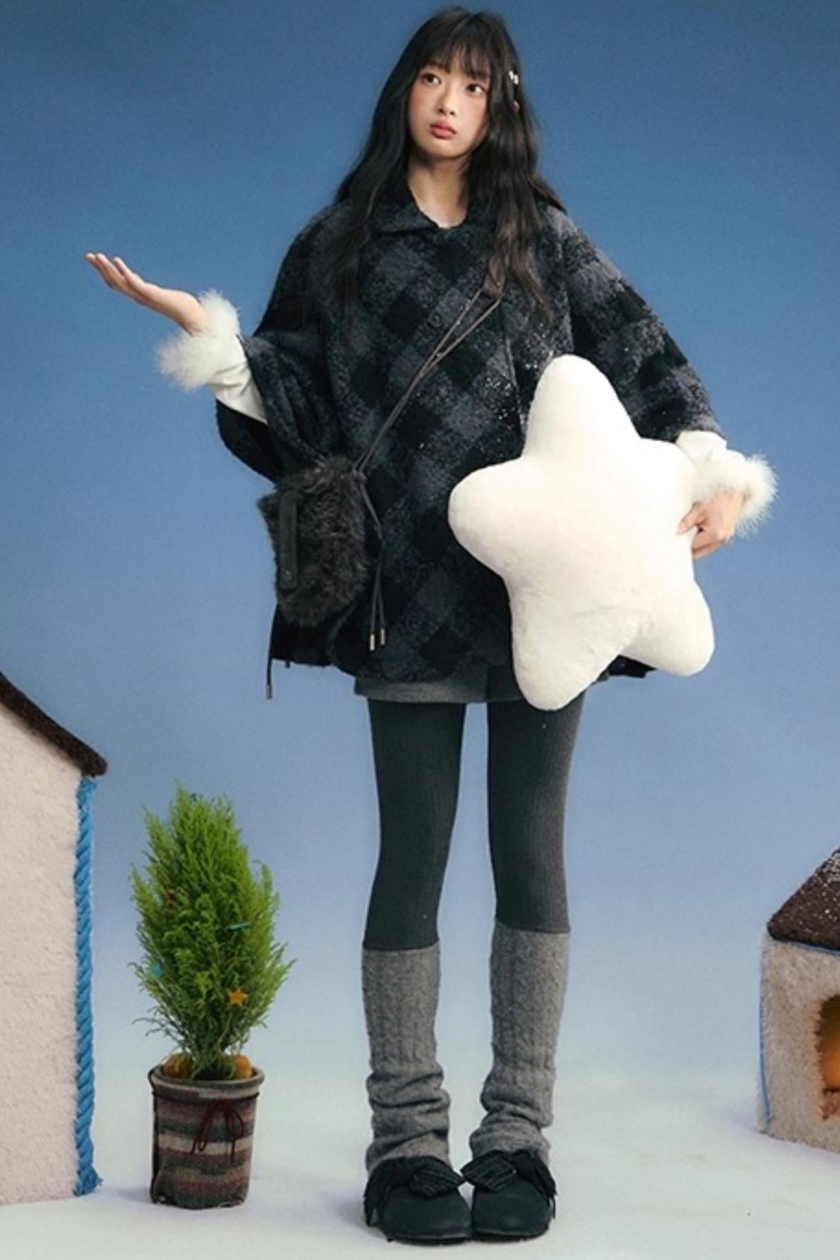 ファーカラーチェックケープコート