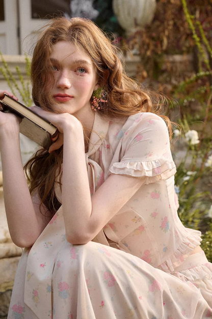 メディテラニアンプリントシフォントップス+スカート