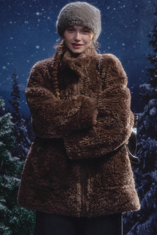 Reversible suede stand collar fur coat