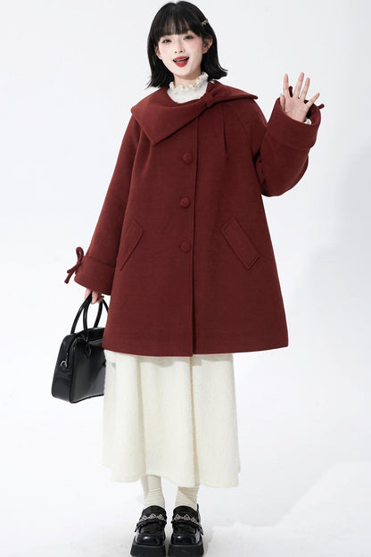 レッドアシンメトリーボウウールコート