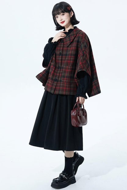 レッドブラウンチェックケープコート