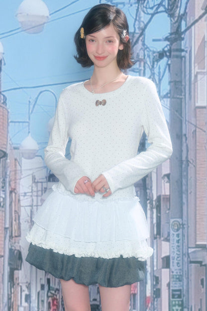 Lace Pleated Polka Dot Blouse