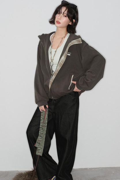 Plaid Patchwork Hooded Cardigan